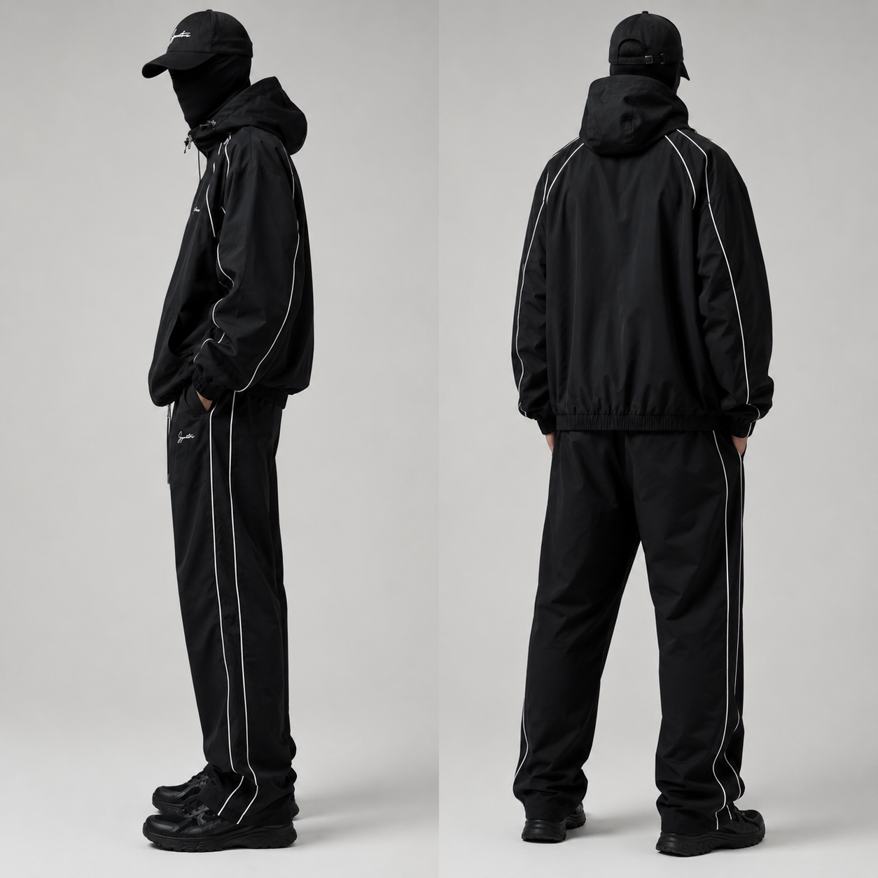 Custom Men Plus Size Printed Black Nylon Shell Windbreaker Tracksuit Set Hoodie Jacket Wide Leg Pants White Piping Streetwear