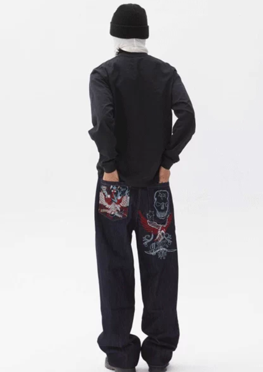 American Street Vintage 90s Multi-needle Embroidered Hip-hop Loose Mid-rise Denim Long Pants Winter Autumn ODM Cotton Knitted
