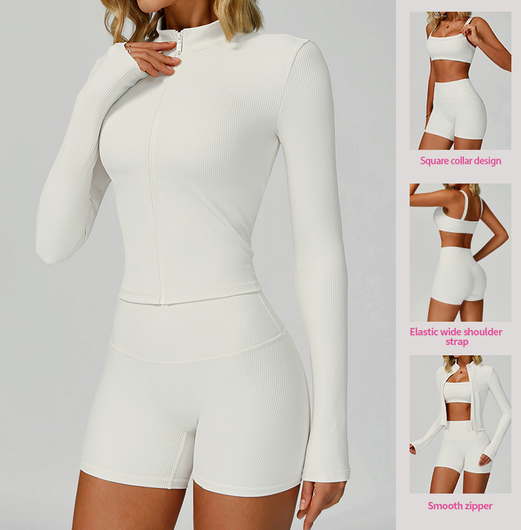 Women's 3 Piece Ribbed Seamless Workout Set - Long Sleeve Zip Up Jacket Sports Bra High Waisted Shorts Yoga Gym Tracksuit