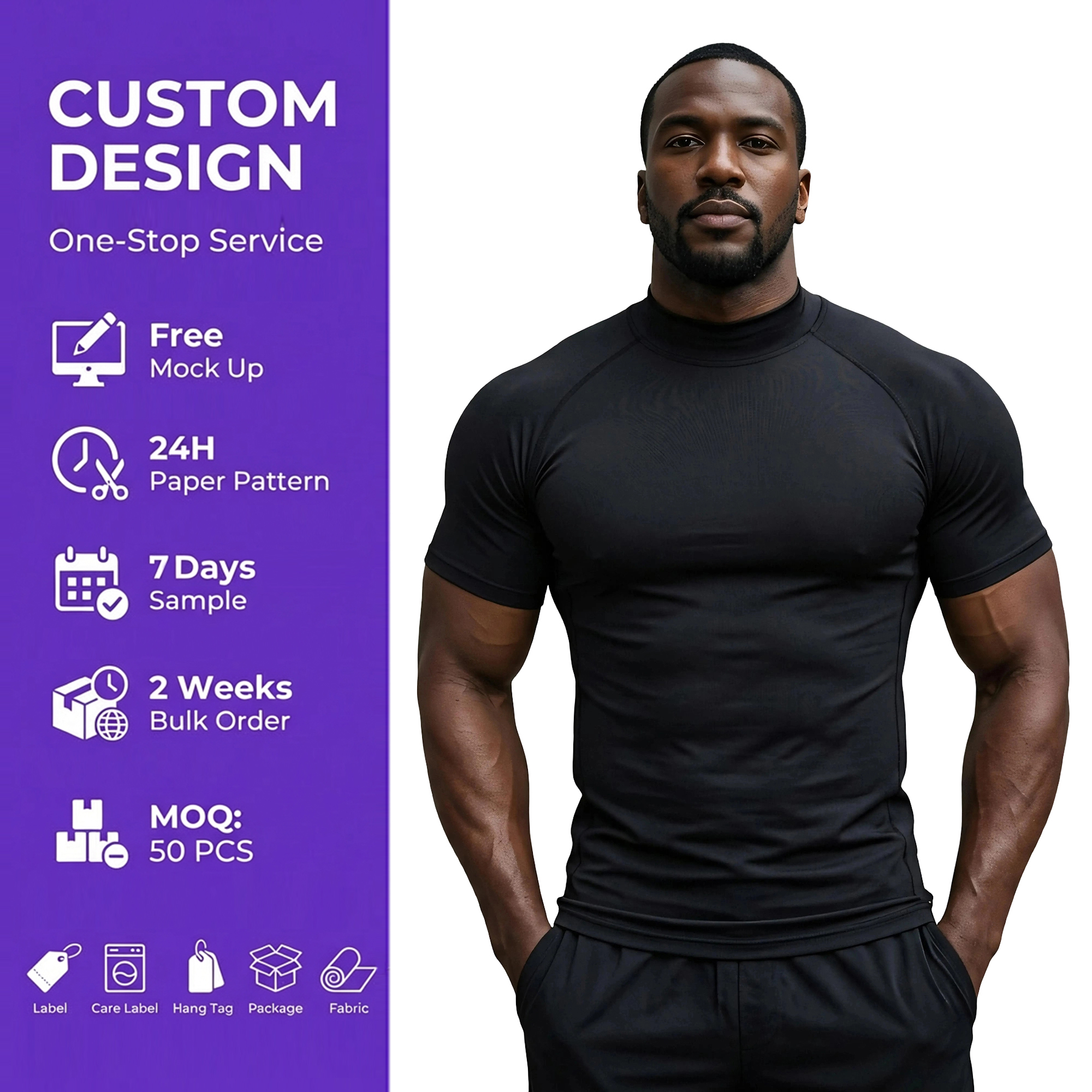 Fitness Clothing Factory Mens Mock Neck Raglan Sleeve Embossed Custom Print Activewear Sportswear Gym Compressed Running t Shirt