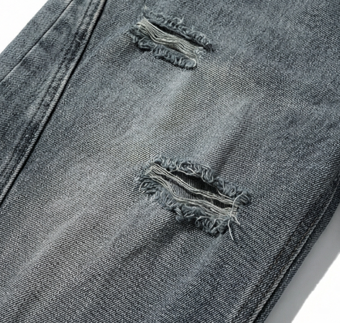 WangSheng Light Washed Distressed High Waist Wide Leg Jeans Formal Denim Pants Polyester/Cotton Men