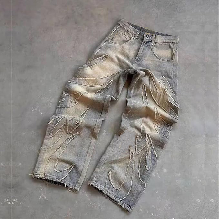 Custom Vintage Wide Leg Pants Flame Applique Embroidery Baggy Denim Pants Men Washed Distressed Gothic Street Wear Jeans Pants