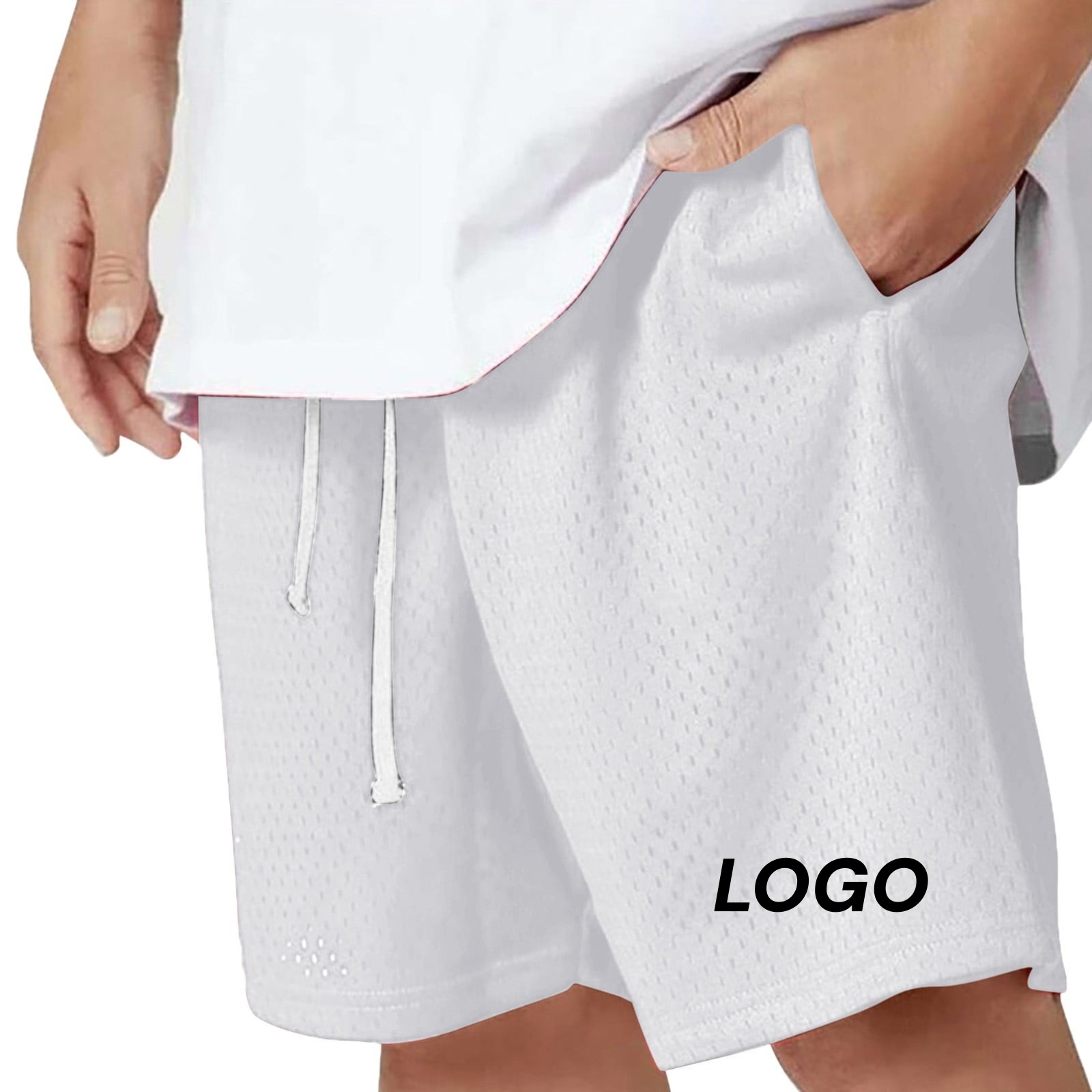 Free Design Blank Custom Summer Double-Line Basketball Mesh Shorts with Drawstring Solid Color Five-Point Mens Gym Shorts