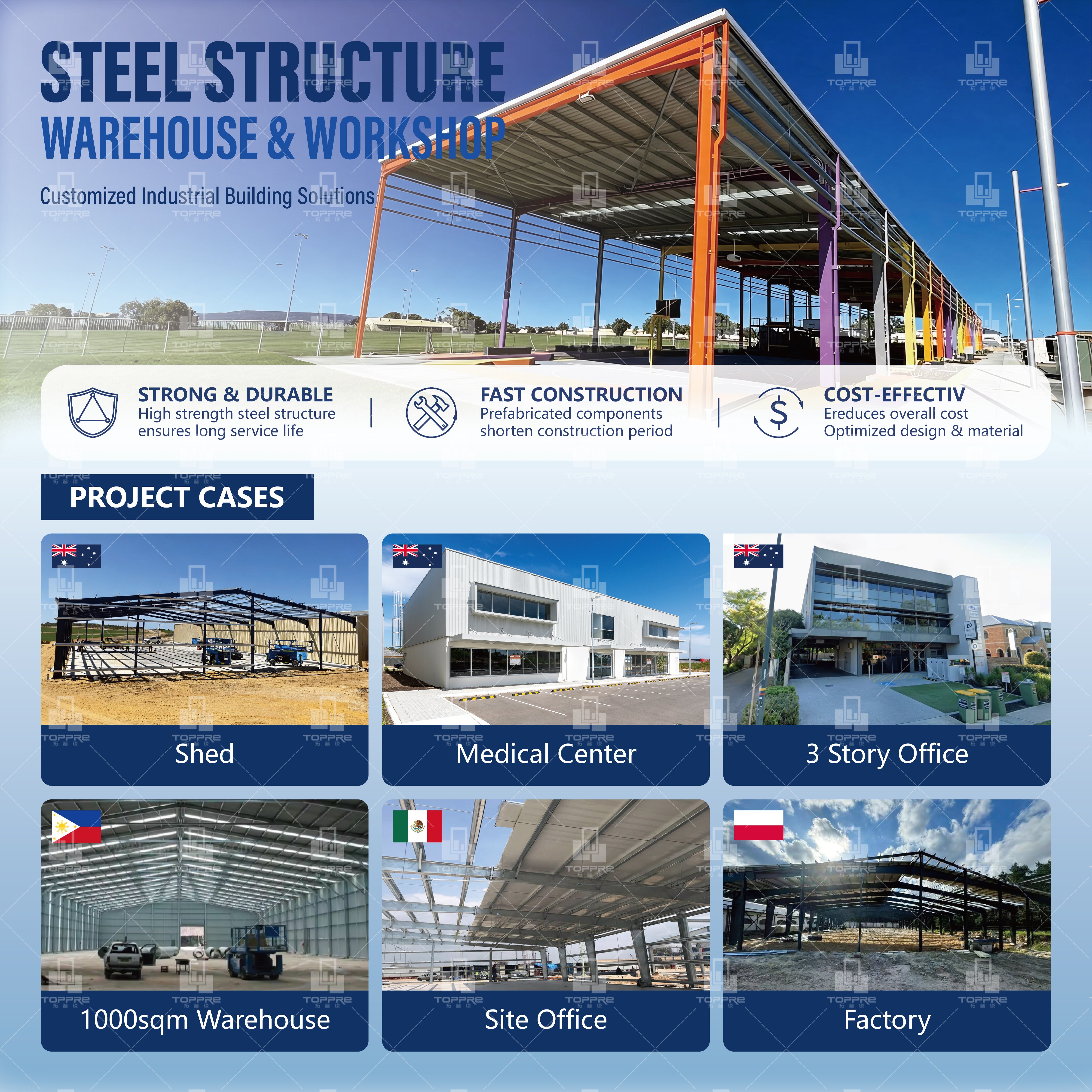 TOPPRE Australian Standards 3 Bedrooms Flat Roof Residential Modern Light Steel Gauge Frame Prefabricated Houses Luxury Villas