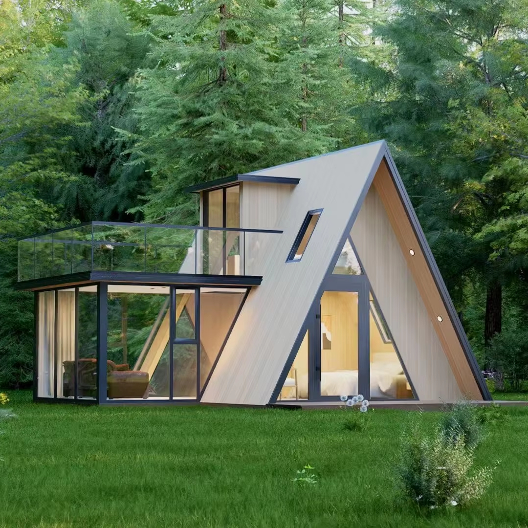 Luxury Modern Design Triangular Shape Steel Structure A Frame House Kit For Living Modular Wooden Color House
