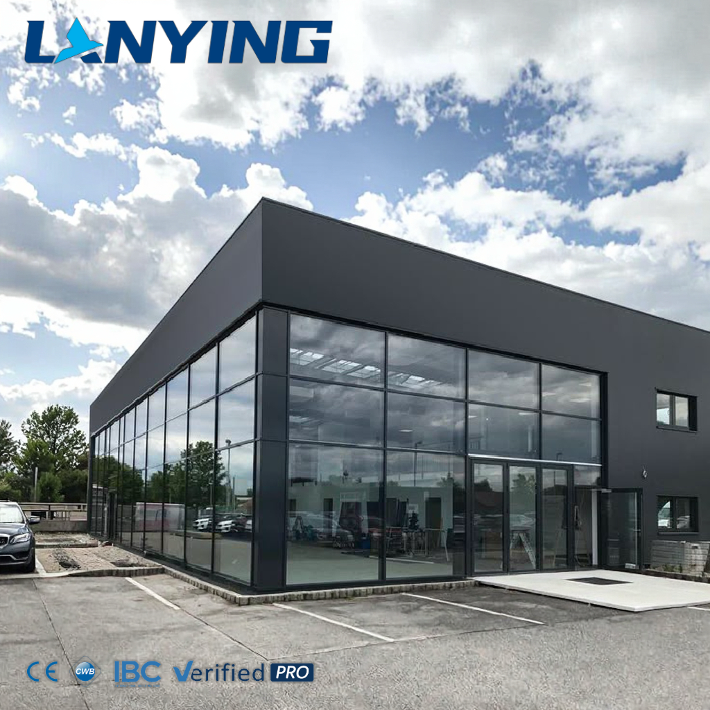 Modern Design Steel Structure Prefab Building for Modular Offices Showrooms or Workshops with Durable Glass Wall