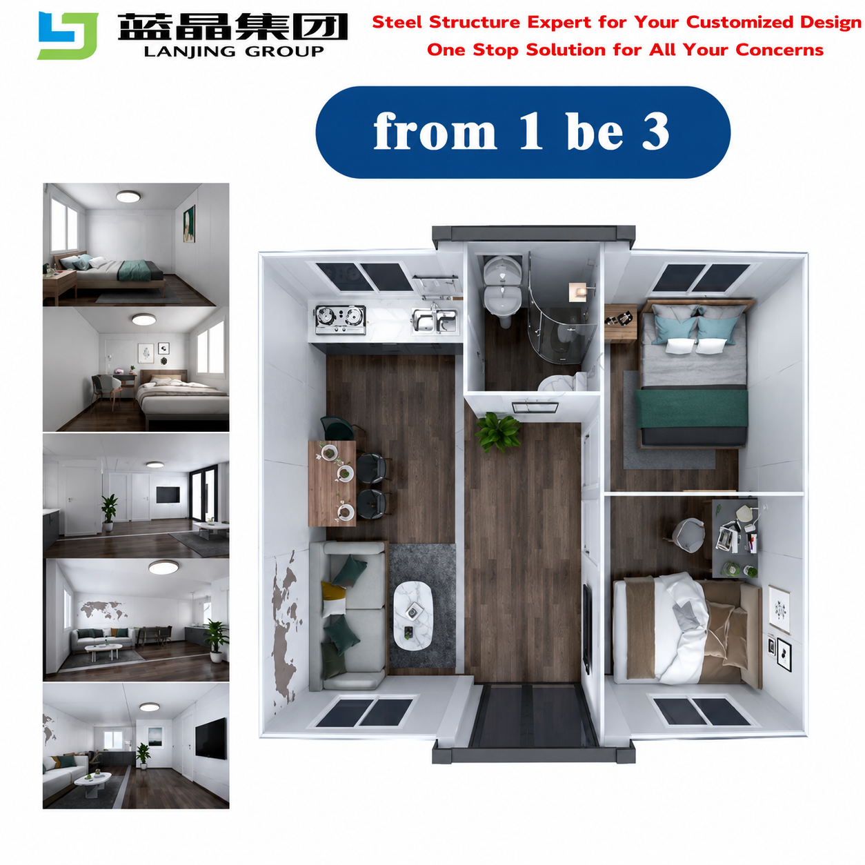 20FT 40FT Modular Prefab Expandable Container House with Bedrooms Bathroom Living Room-Modern Outdoor Villa