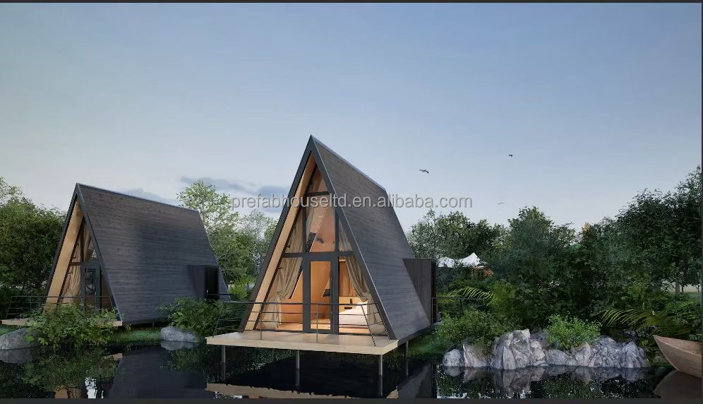 Luxury Modern Design Triangular Shape Steel Structure A Frame House Kit For Living Modular Wooden Color House