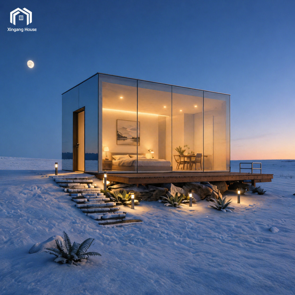 Modular Prefab Flat Pack Glass Tiny House 20 M2 1 Bedroom Solar Powered Eco-Friendly Apartment Office Hotel Mirror Cabin