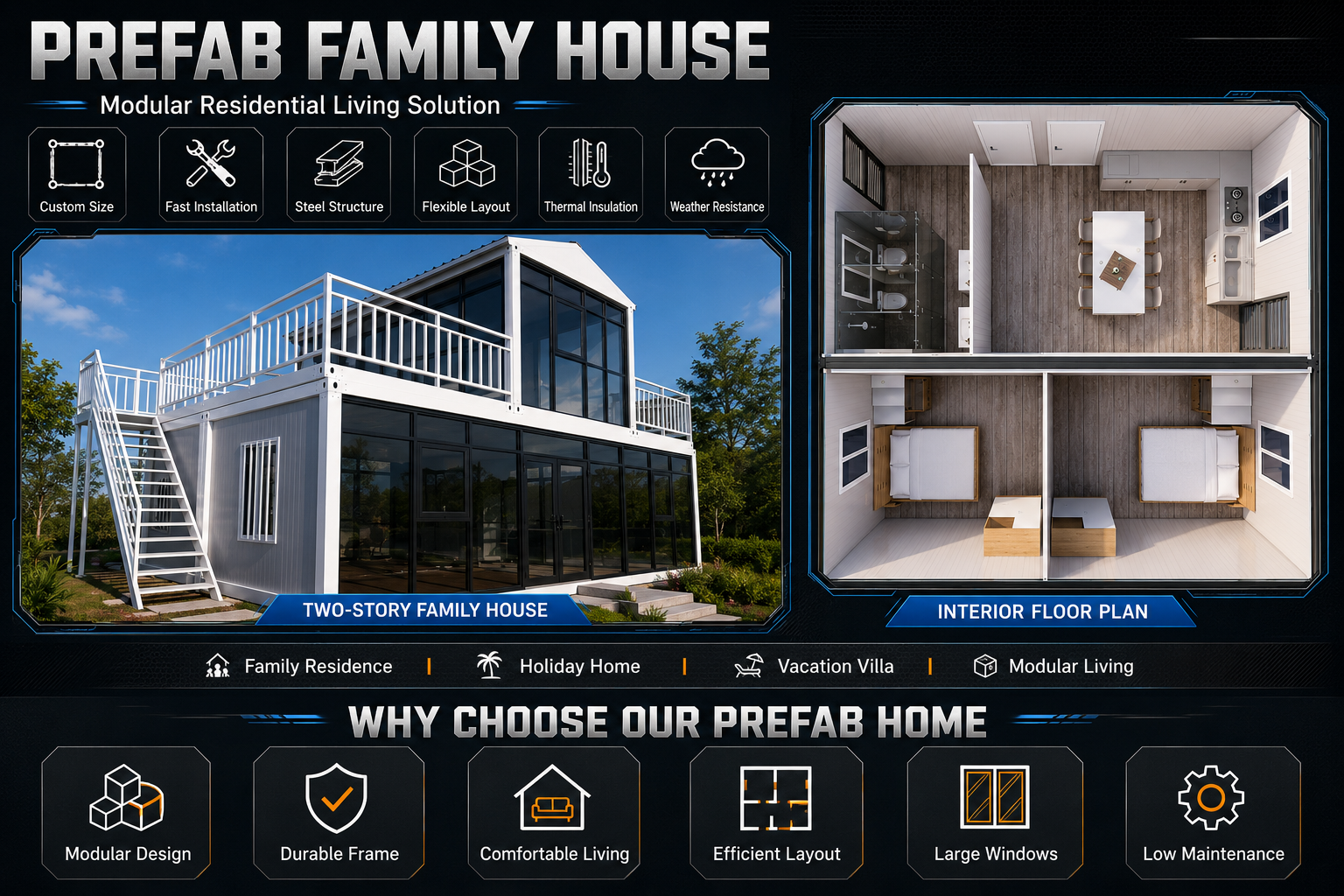 40ft Luxury Aqua Blue Custom Portable Two Story Shipping Container House Prefab Modular Home Hotel with Glass Wall