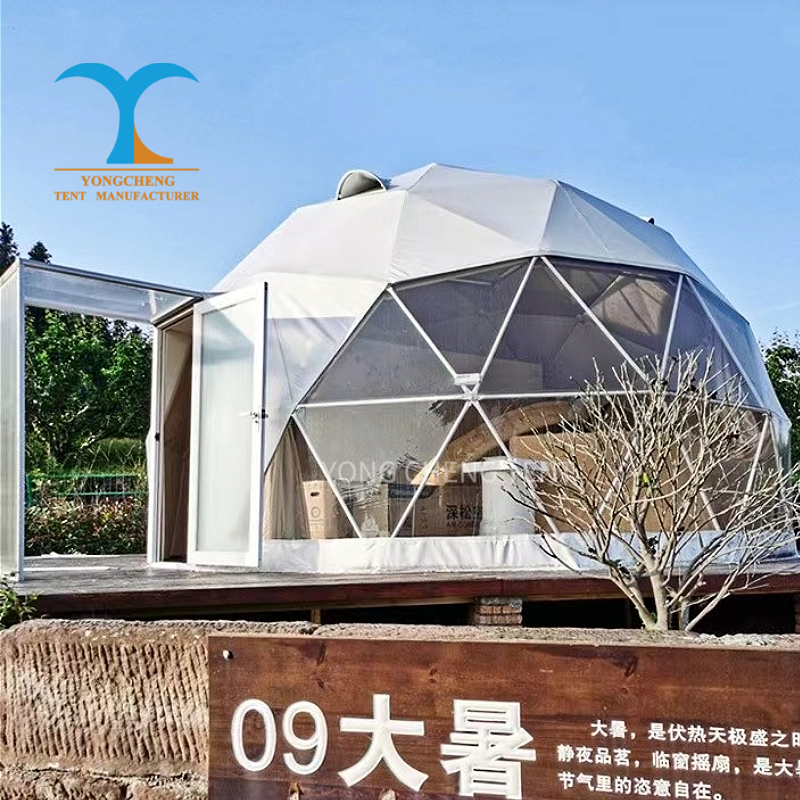 Luxury Four-season Outdoor Glamping Hotel Tent 6m With 850g/sq.m PVC Geodesic Dome Modern Bathroom One Bedroom &amp; Living Room
