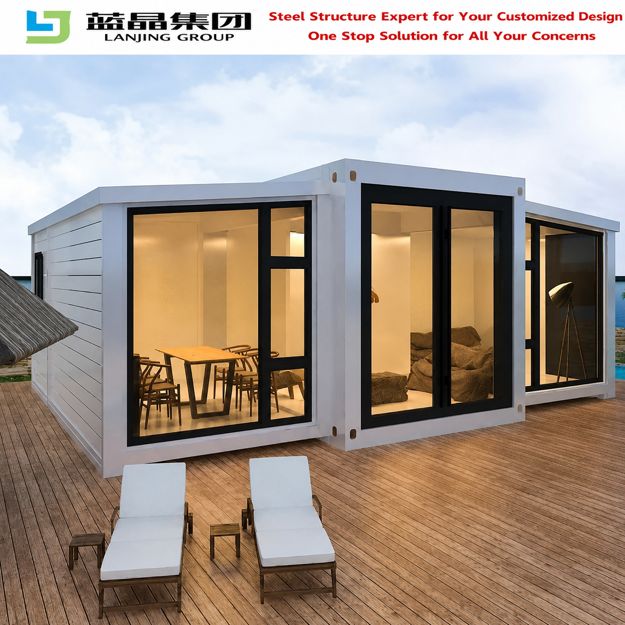 20FT 40FT Modular Prefab Expandable Container House with Bedrooms Bathroom Living Room-Modern Outdoor Villa