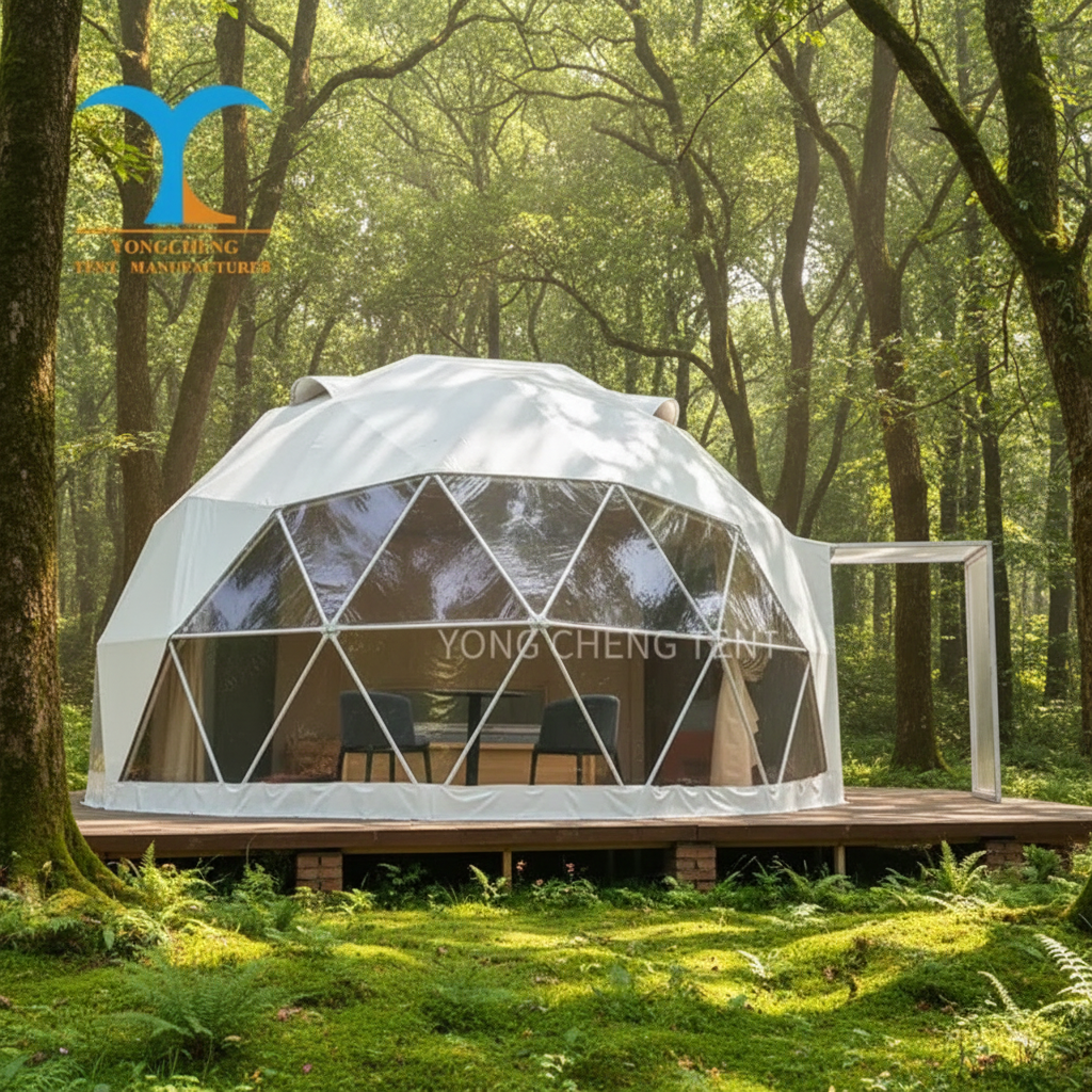 Luxury Four-season Outdoor Glamping Hotel Tent 6m With 850g/sq.m PVC Geodesic Dome Modern Bathroom One Bedroom &amp; Living Room