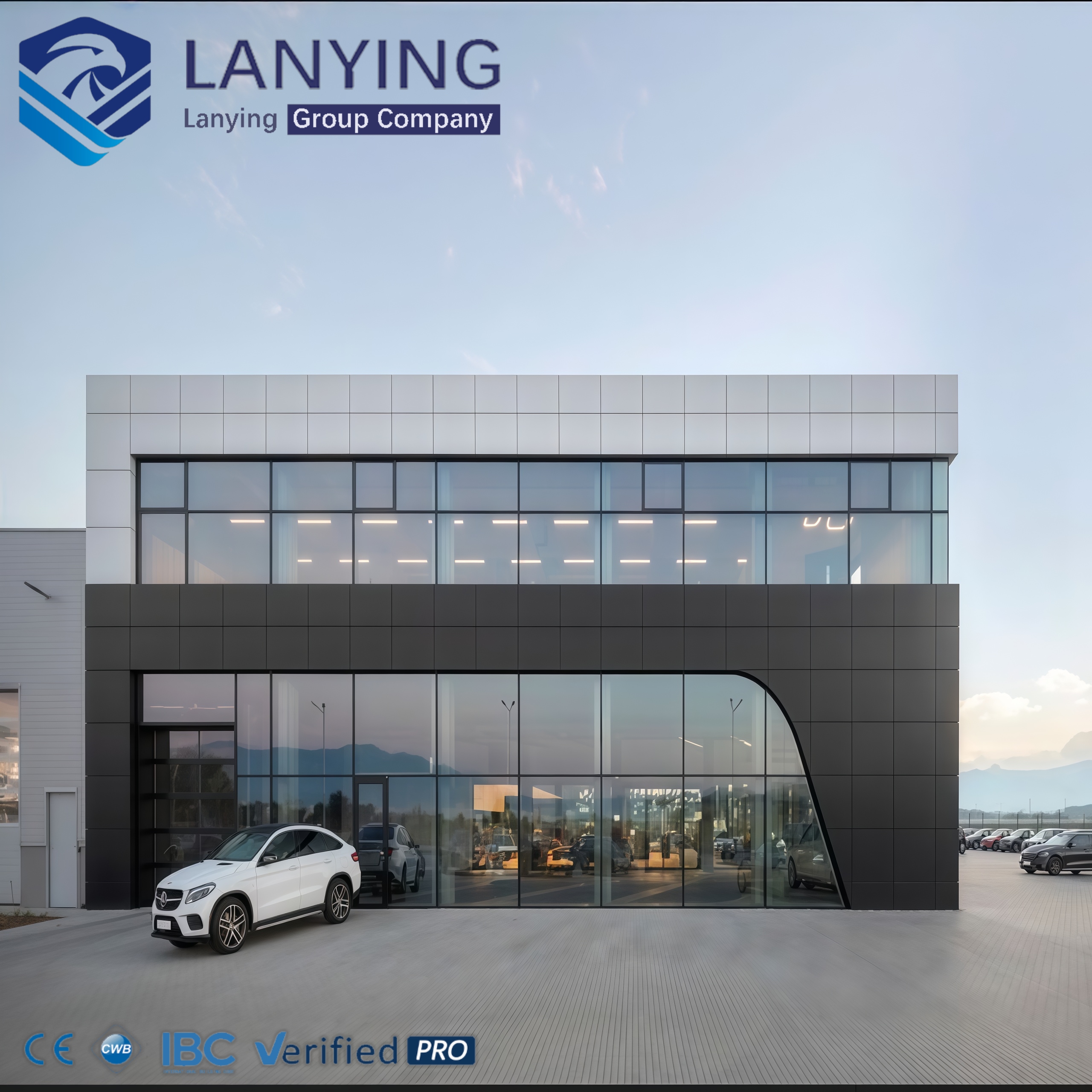Luxury Prefab Steel Frame Commercial Office Building Modern Glass Wall Design Showroom Hall Mall Business Exhibition Use