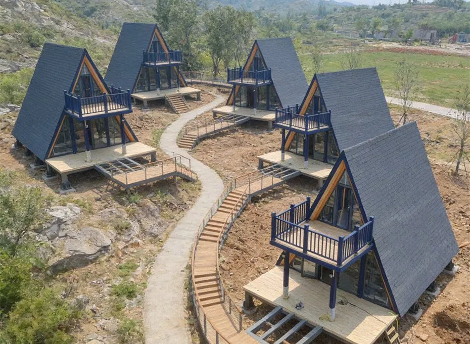 Prefab Villa Modular a Frame Cabin, Steel Structure, Wood-Like Exterior, Detachable & Easy Transport for Scenic Area Hospitality Project