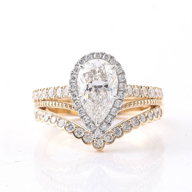 Custom 14K Pear Cut Lab Grown Diamond Engraved Engagement Fine Ring with Half Eternity Band