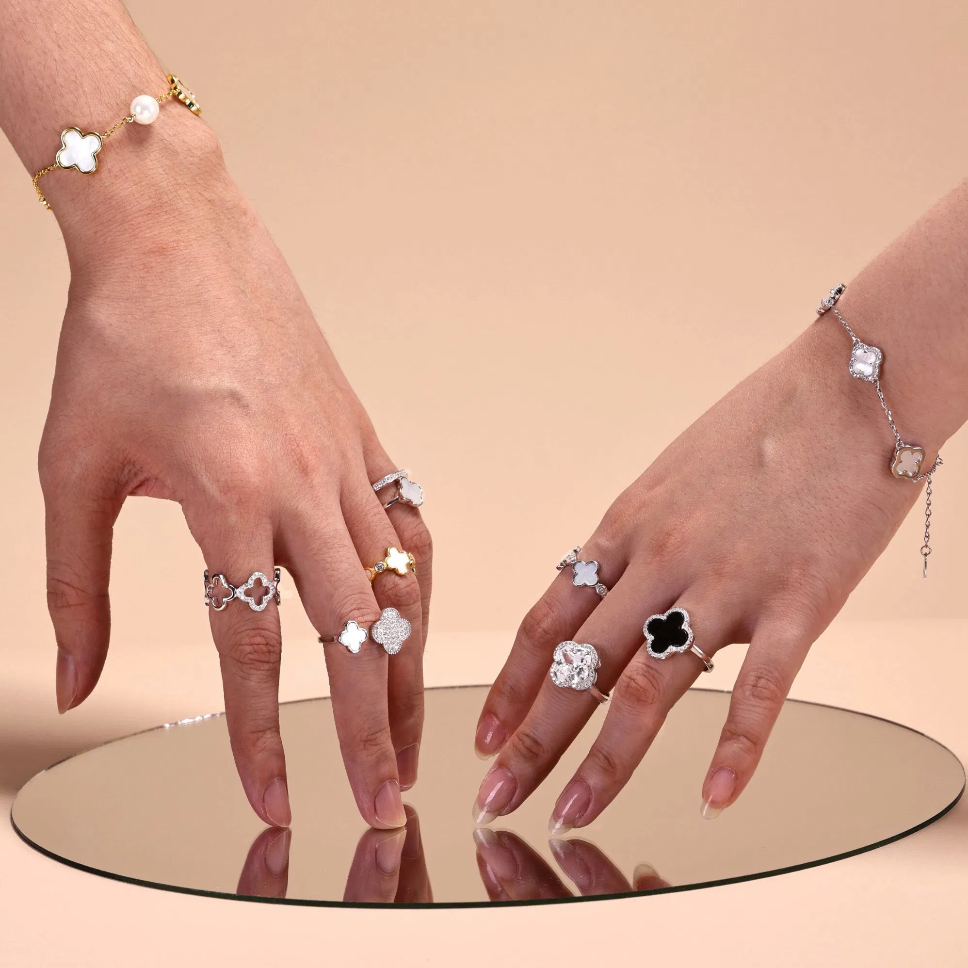 Custom CZ 18K Gold Plated Trendy Stacking Ring 925 Sterling Silver Adjustable Open Four Leaf Clover Rings Jewelry for Women