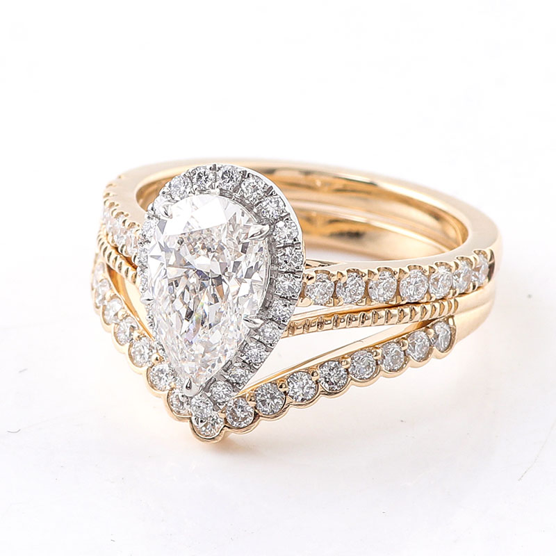 Custom 14K Pear Cut Lab Grown Diamond Engraved Engagement Fine Ring with Half Eternity Band