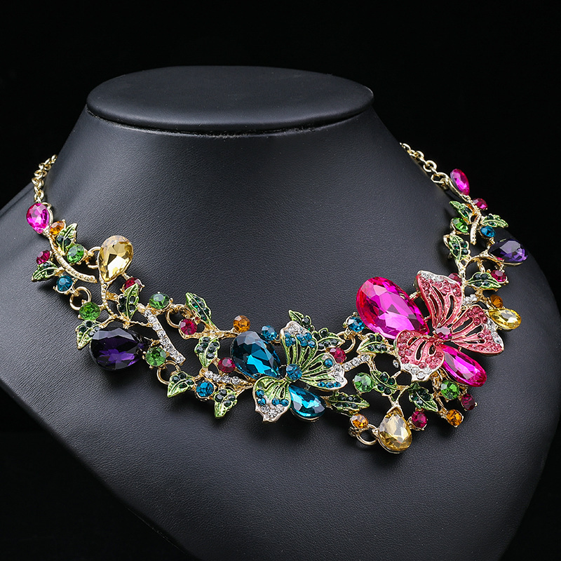 Fashion Bridal Necklace Set Luxury Colorful Flower Gemstone Earrings Jewelry