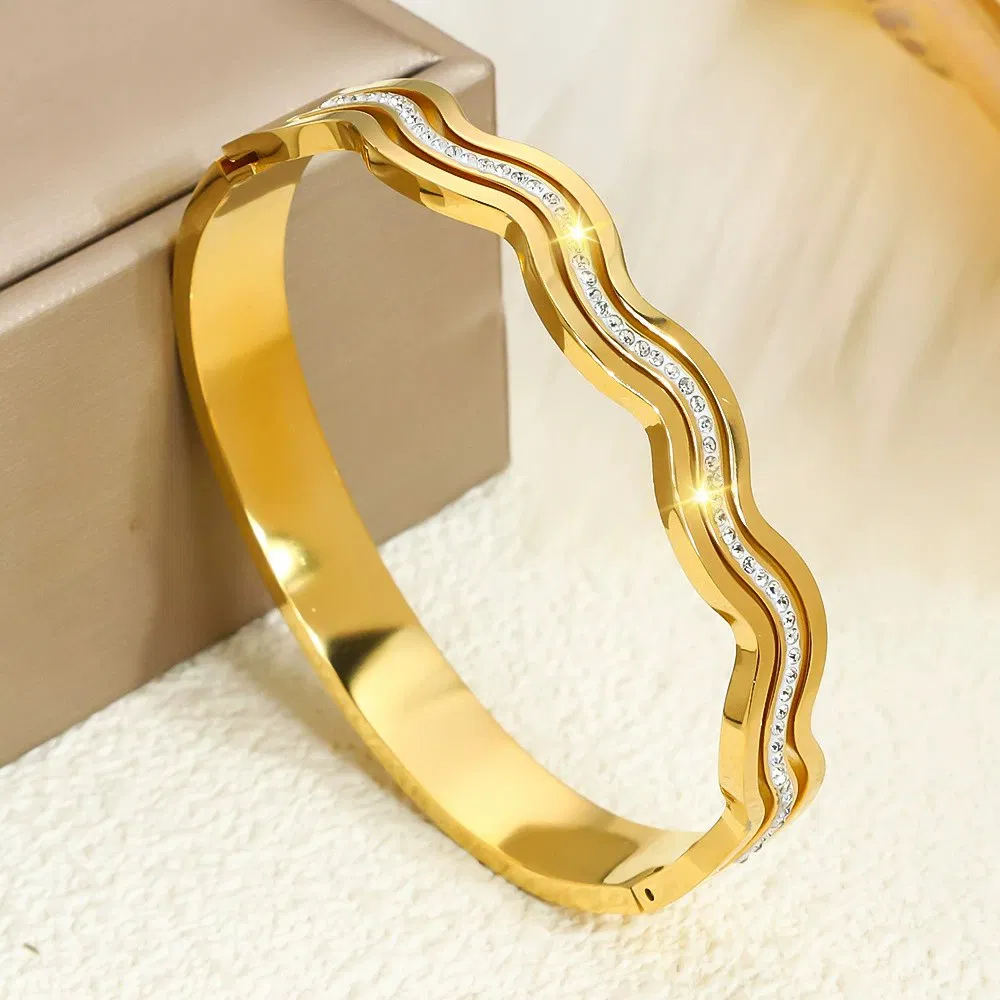 Fashion Jewelry Bracelets Bangles Charm Bracelet Stainless Steel Jewelry Luxury 14K Gold Color Chunky Zircon Cuff Bangles