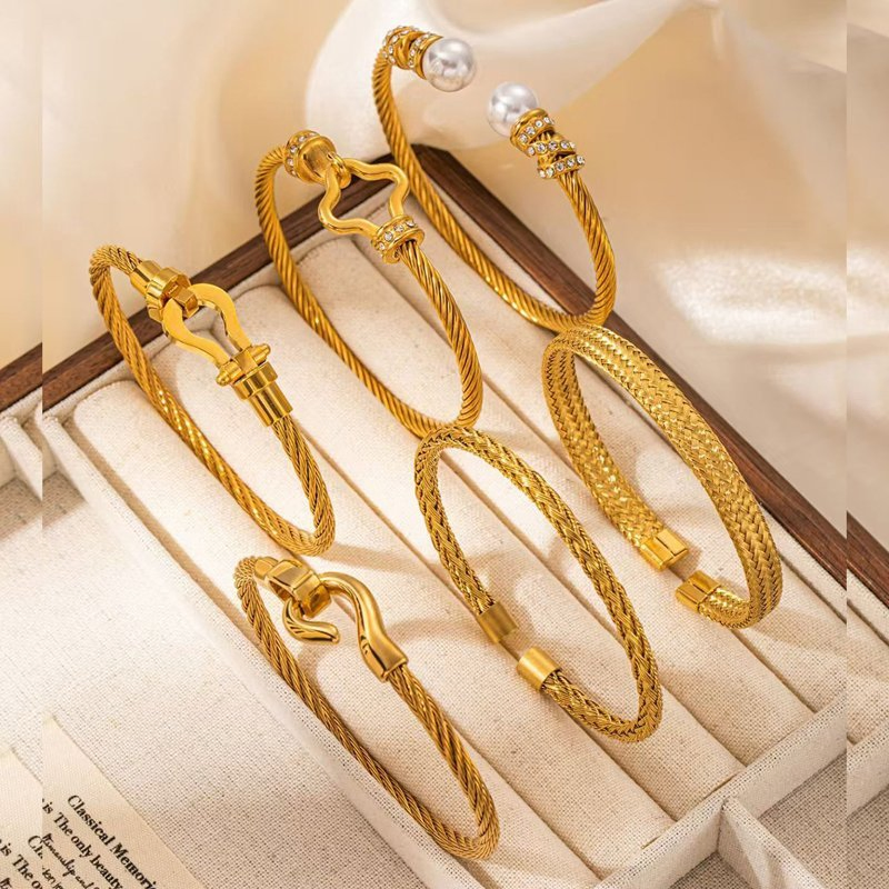 Clover Gold Cable Bangle Hook Closure Cuff Bracelet Fashion Simple Ladies Diamonds Jewelry