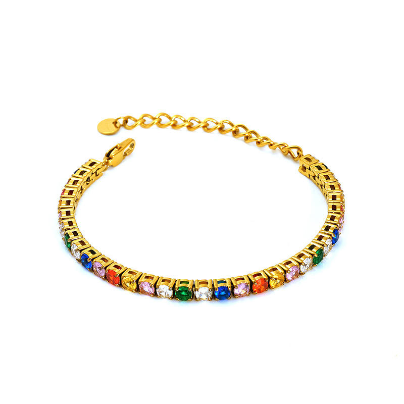 Fashion Tennis Bracelets Ins High Grade Full Colour Zircon 18K Gold Stainless Steel Tennis Bracelet for Women