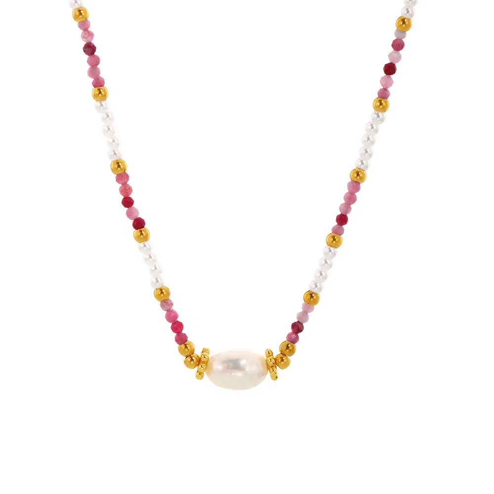 French Small Bezel Cut Natural Stone Handmade Chain Rice Bead Necklace Art Romantic Necklace