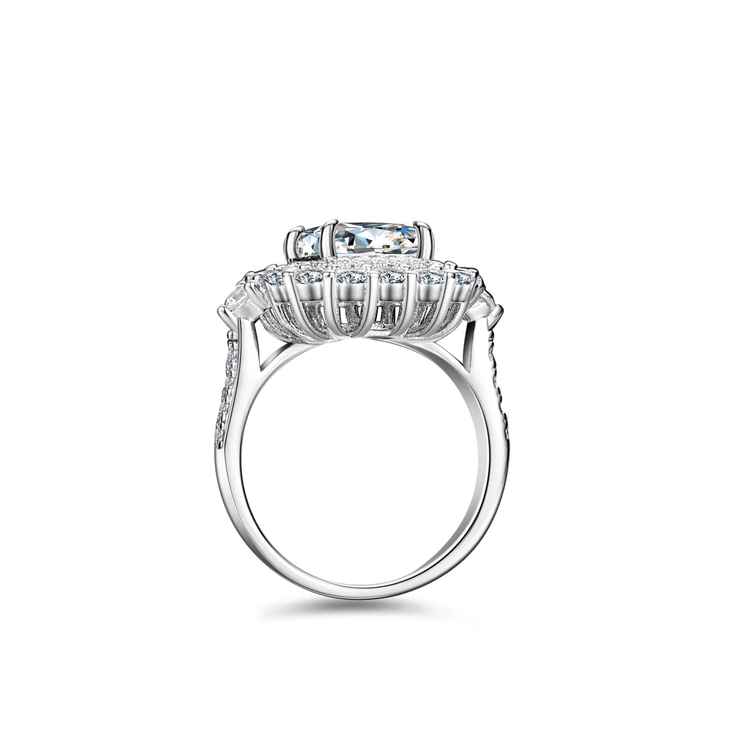 Hot Sale Women's S925 Silver Engagement Wedding Rings with Emerald Cut 3CT Diamond &amp; Moissanite Gold Plated Adjustable