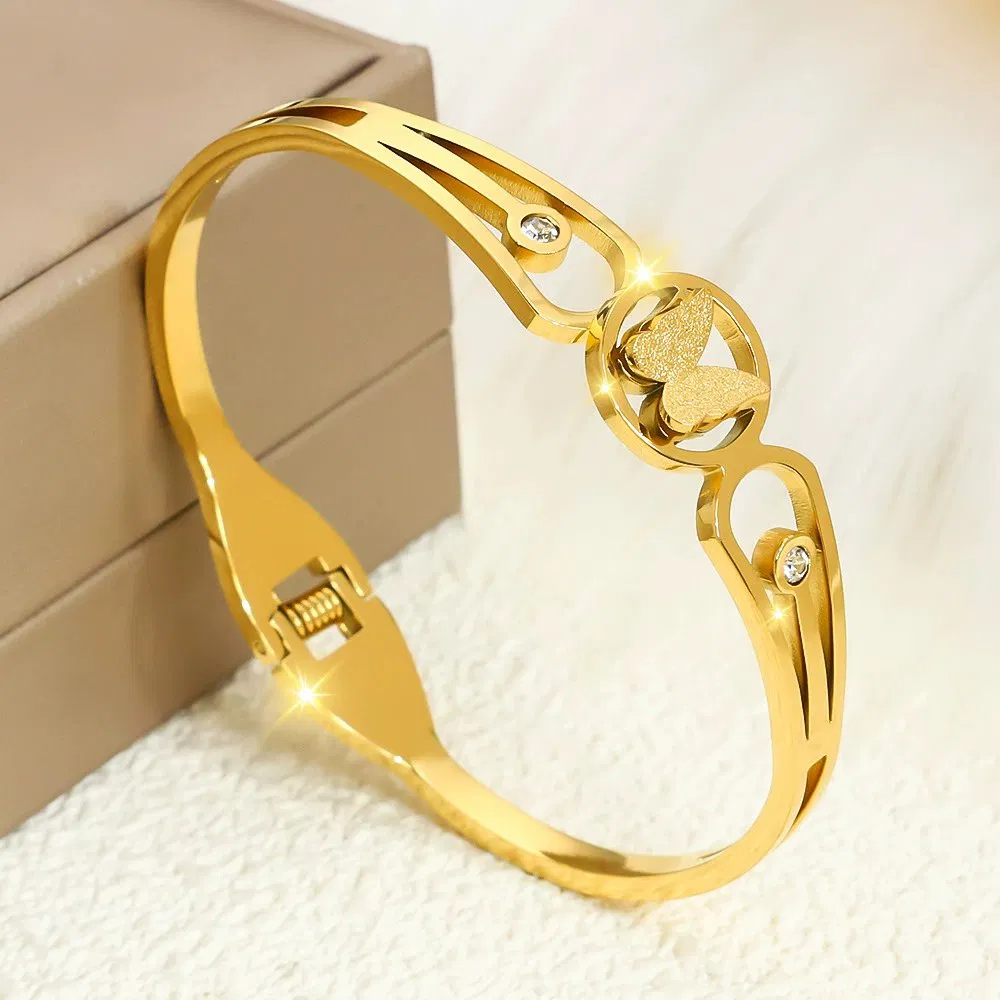 Fashion Jewelry Bracelets Bangles Charm Bracelet Stainless Steel Jewelry Luxury 14K Gold Color Chunky Zircon Cuff Bangles