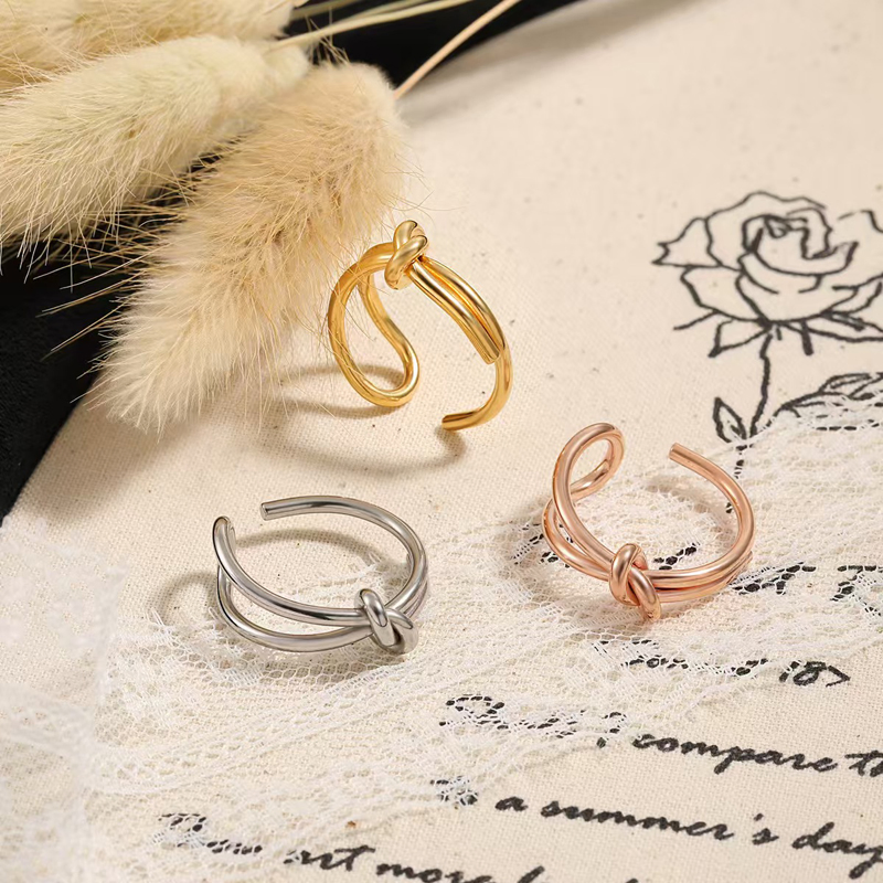Forever Gold Knot Collection Brass Ring Knot Cuff Stainless Steel Twists Opening Ring Jewelry Gift