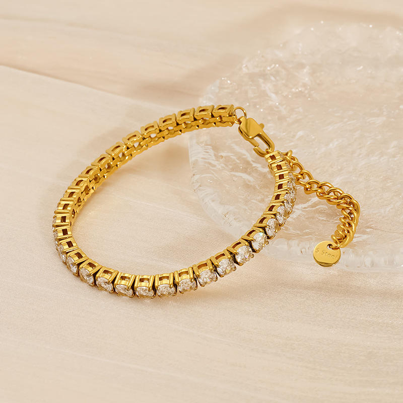 Fashion Tennis Bracelets Ins High Grade Full Colour Zircon 18K Gold Stainless Steel Tennis Bracelet for Women