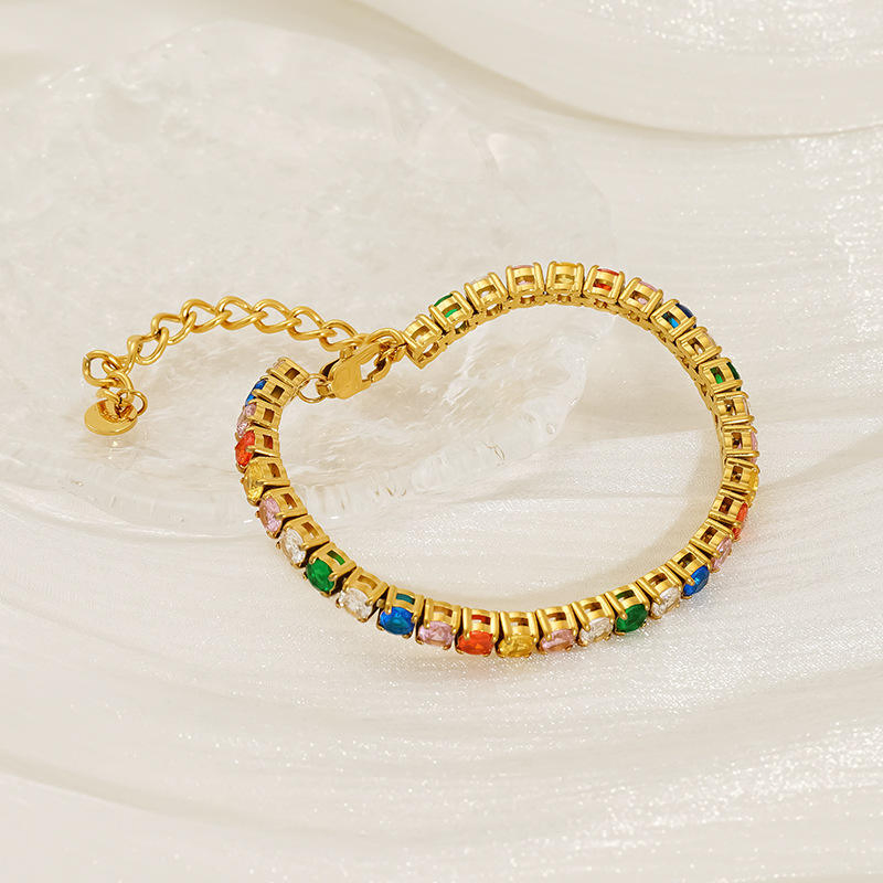 Fashion Tennis Bracelets Ins High Grade Full Colour Zircon 18K Gold Stainless Steel Tennis Bracelet for Women