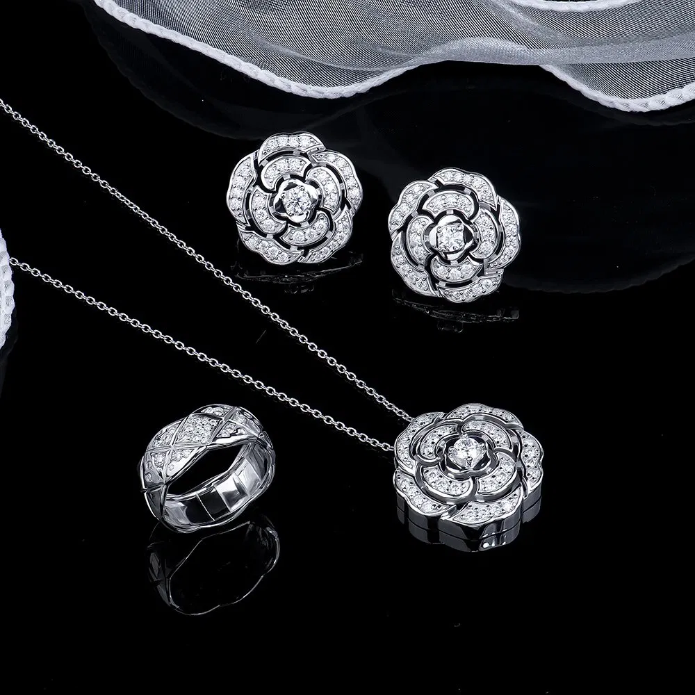 Custom 2024 High Quality Luxury Gift 925 Silver Flower Moissanite Mossanite Necklace Bridal Wedding Fine Jewelry Sets for Women