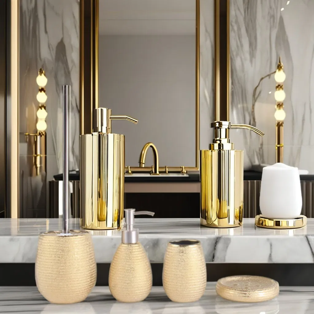 Luxury 5PCS Gold Chromed Effect Ceramic Bathroom Accessories Set Four-Piece Luxury Ceramic Accessory Collection