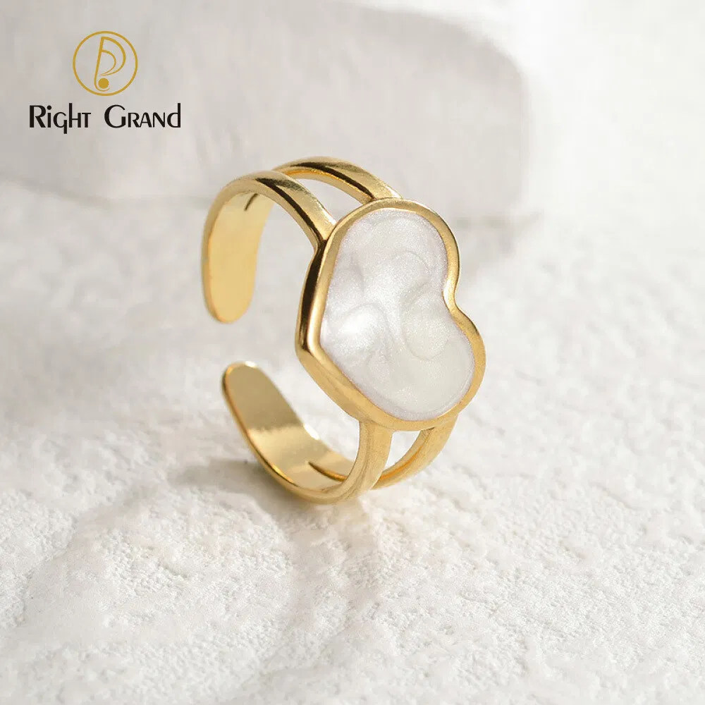 Fashion PVD Gold Plated Open Stainless Steel Enamel Engagement Diamond Jewelry Heart Rings