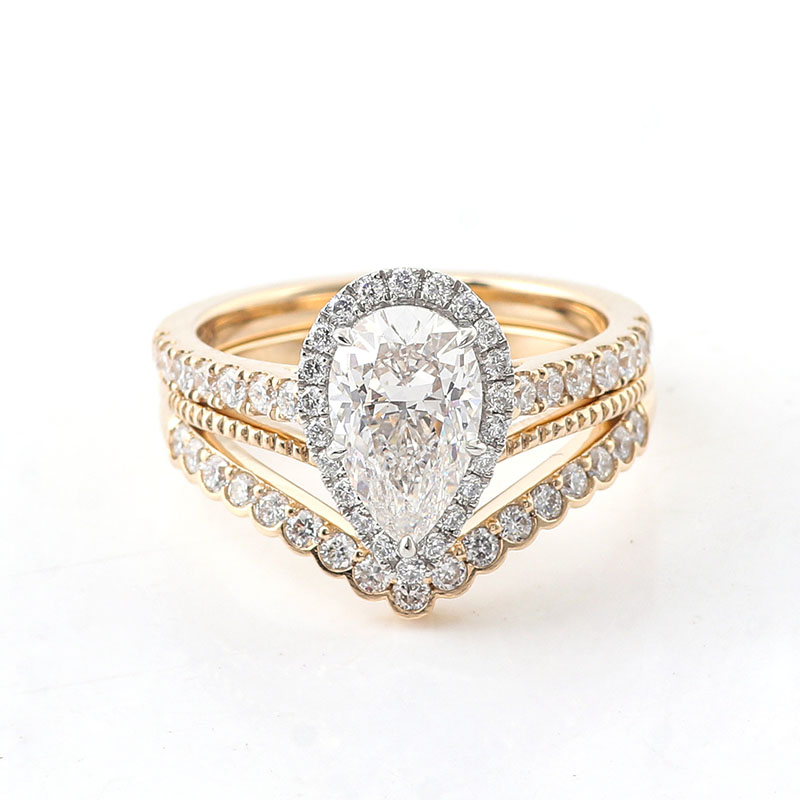 Custom 14K Pear Cut Lab Grown Diamond Engraved Engagement Fine Ring with Half Eternity Band