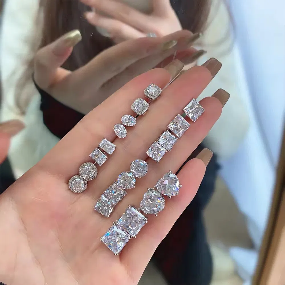 Peishang Custom Luxury 925 Sterling Silver Sparkling Diamond Moissanite 5A 8A Cubic Zirconia Bridal Wedding Stud Earrings Fine Fashion Jewelry for Women