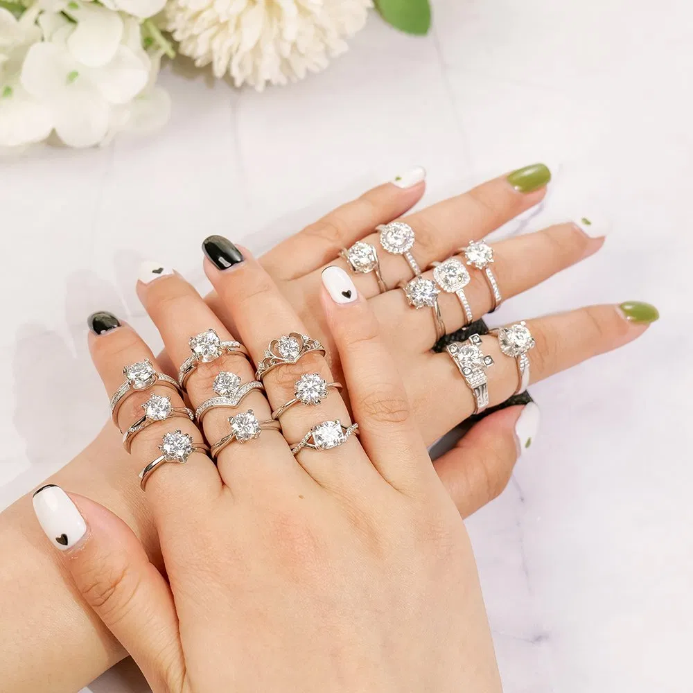 Wholesale Jewelry Women Gra Certificate Cut Vvs Diamond Moissanite Engagement Wedding Set 925 Sterling Silver Adjustable Rings