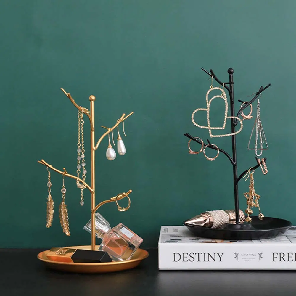 Exquisite Durable Tree Shape Necklace/Bracelet/Earring/Rings Rack in Black/Gold with Iron Art Tray Made of Metal for Store Luxurious Jewelry Display