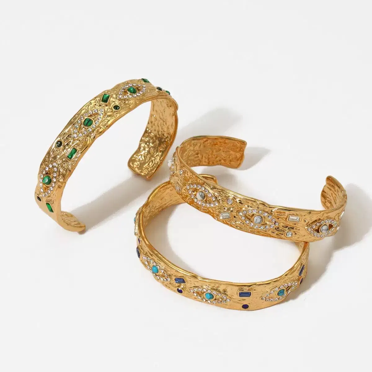 Exquisite Gem - Embellished Gold Cuff Bracelets- Goers with Colorful Stone Inlays