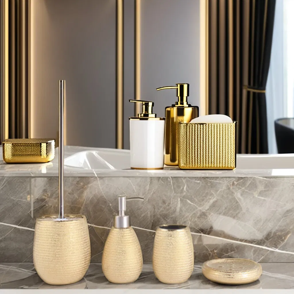 Luxury 5PCS Gold Chromed Effect Ceramic Bathroom Accessories Set Four-Piece Luxury Ceramic Accessory Collection