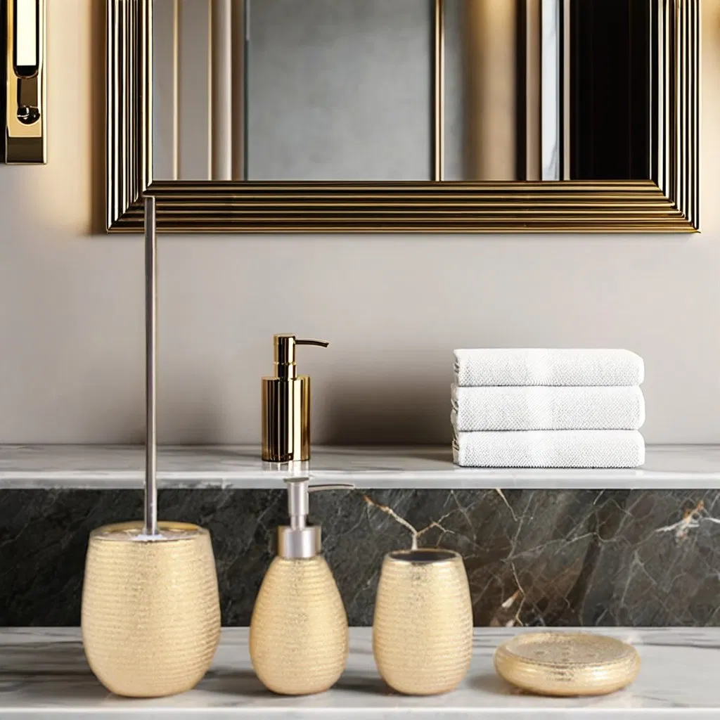 Luxury 5PCS Gold Chromed Effect Ceramic Bathroom Accessories Set Four-Piece Luxury Ceramic Accessory Collection