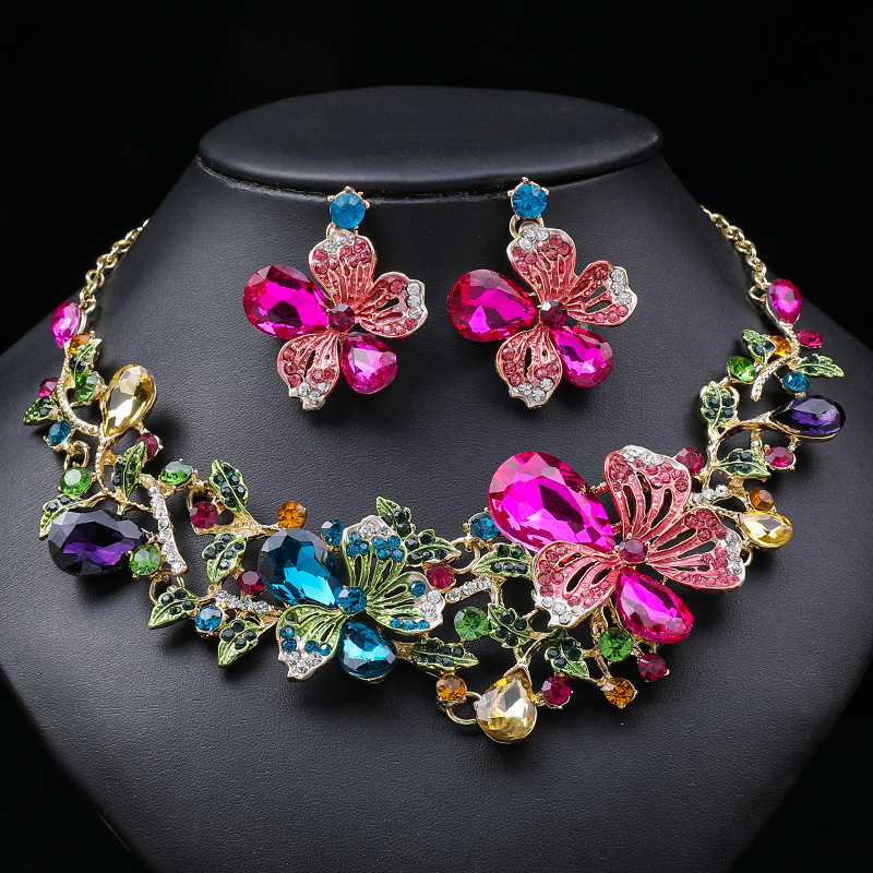 Fashion Bridal Necklace Set Luxury Colorful Flower Gemstone Earrings Jewelry