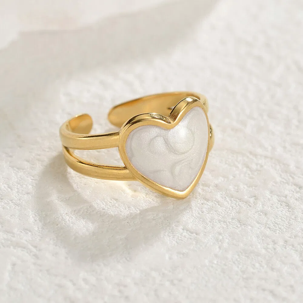 Fashion PVD Gold Plated Open Stainless Steel Enamel Engagement Diamond Jewelry Heart Rings
