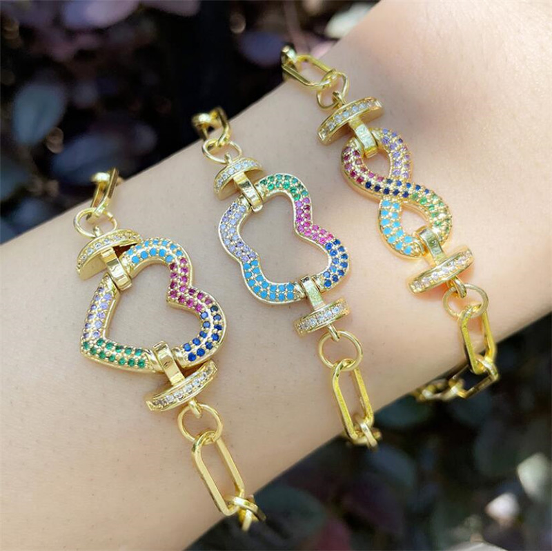 Gold Beach Jewelry Cuban Chain Bracelet Bohemian Puka Gold Filled Bracelet Girls CZ Rainbow Mother Mum Tennis Bracelet