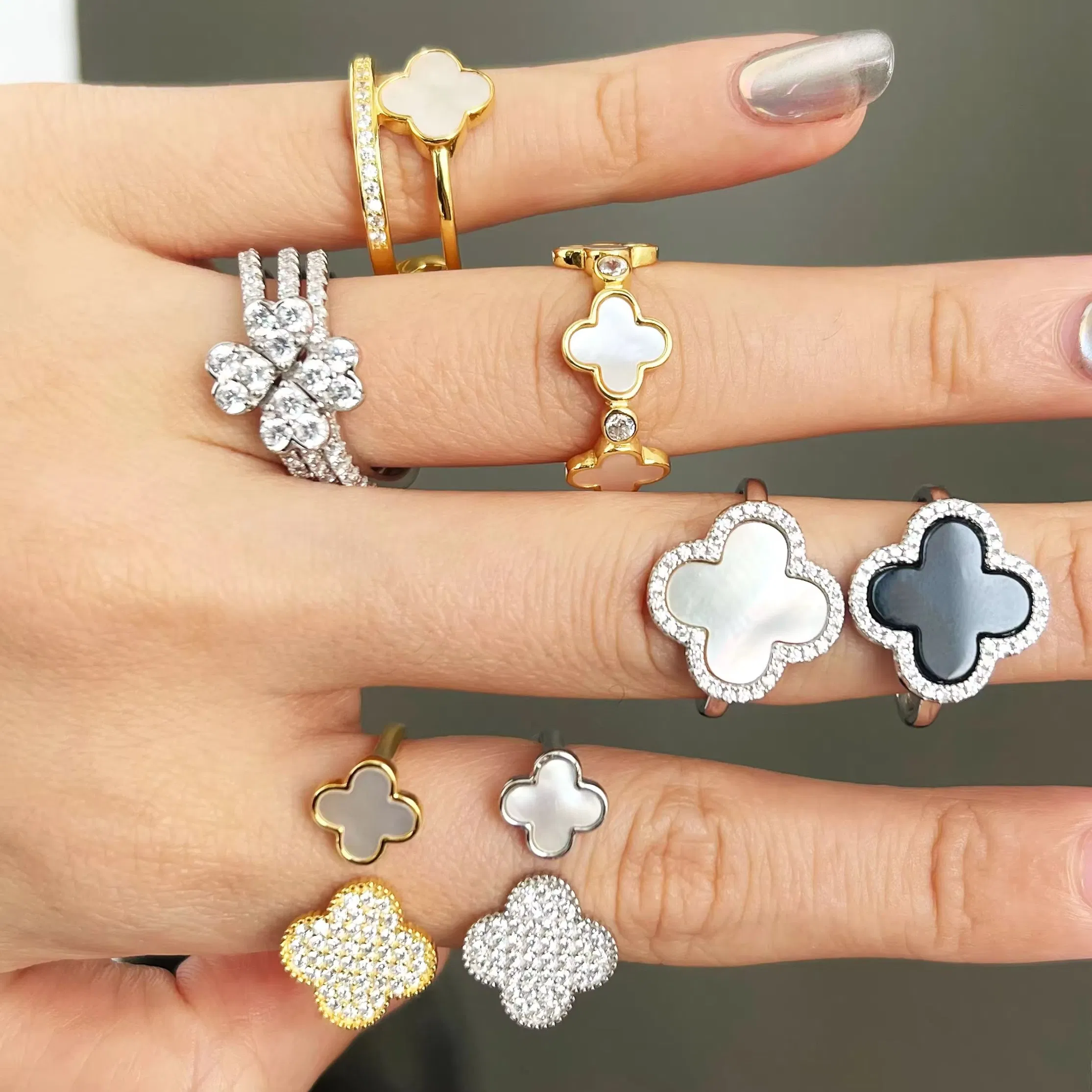 Custom CZ 18K Gold Plated Trendy Stacking Ring 925 Sterling Silver Adjustable Open Four Leaf Clover Rings Jewelry for Women