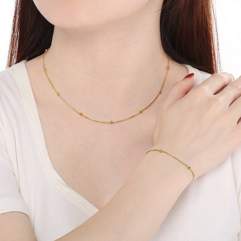 Luxury Fashion Round Snake Chain Beads Bracelet Necklace Anklet Stainless Steel Jewelry Set