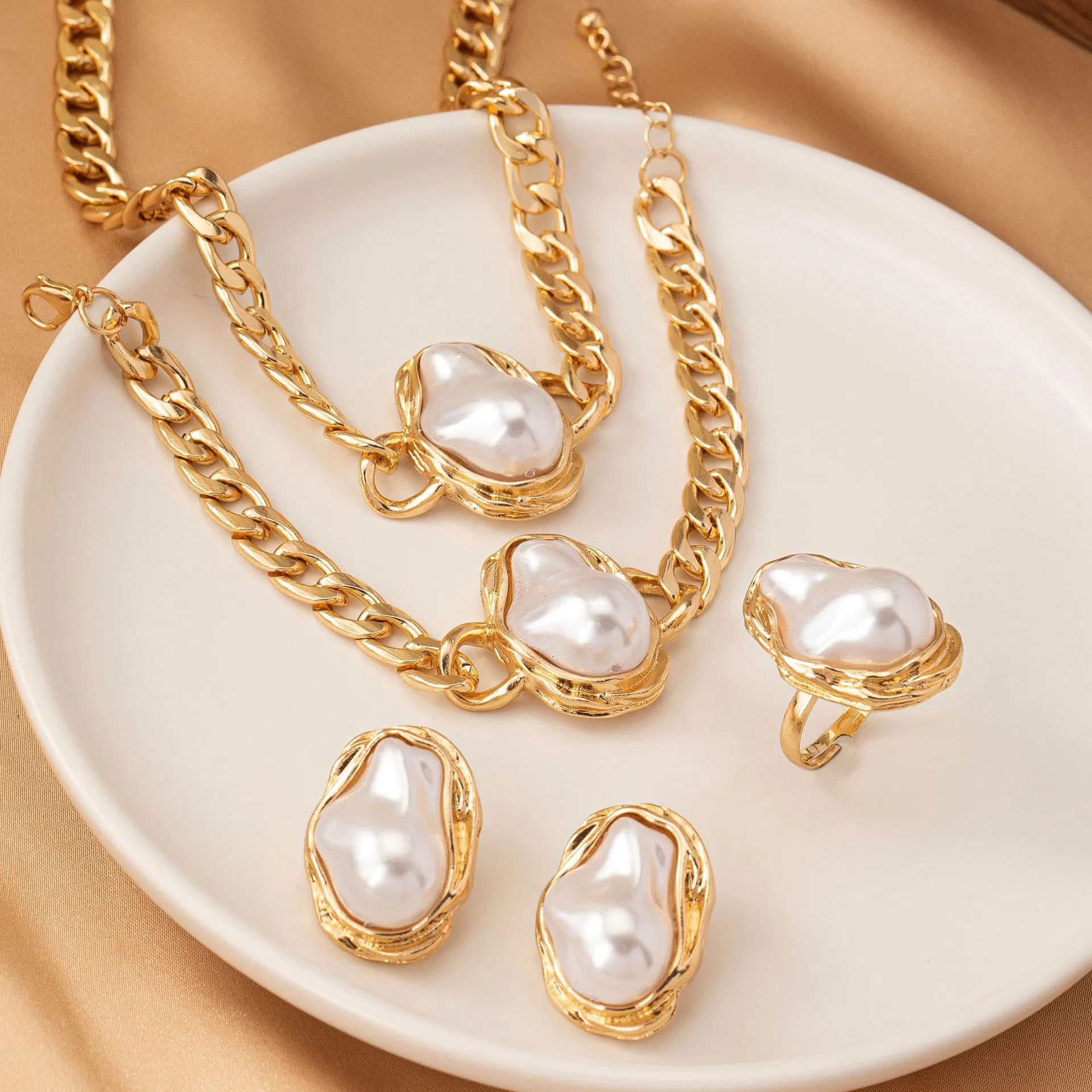 Hot Sale Baroque Pearl Set Vintage Luxury Necklace Earring Ring Collection