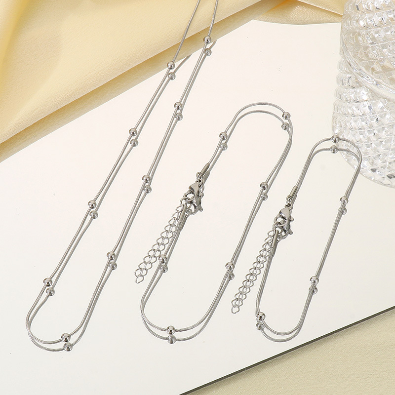 Luxury Fashion Round Snake Chain Beads Bracelet Necklace Anklet Stainless Steel Jewelry Set
