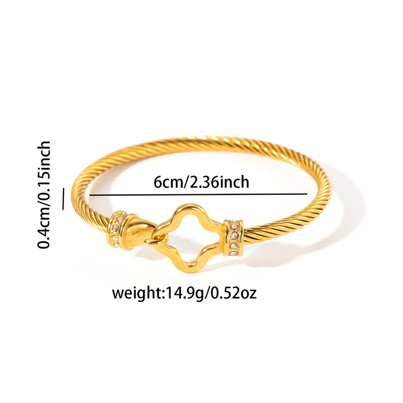 Clover Gold Cable Bangle Hook Closure Cuff Bracelet Fashion Simple Ladies Diamonds Jewelry